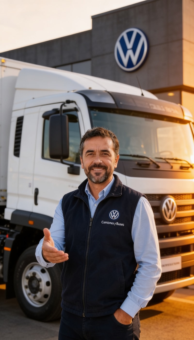Avatar creado con IA frente a un camión Volkswagen